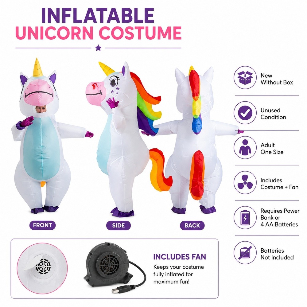 Inflatable Unicorn Costume Adult One Size White Rainbow Mane with Fan Unused